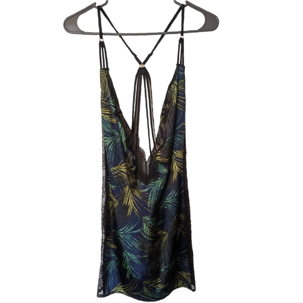Women's Black Tropical Print Lace-Trim Slip Dress